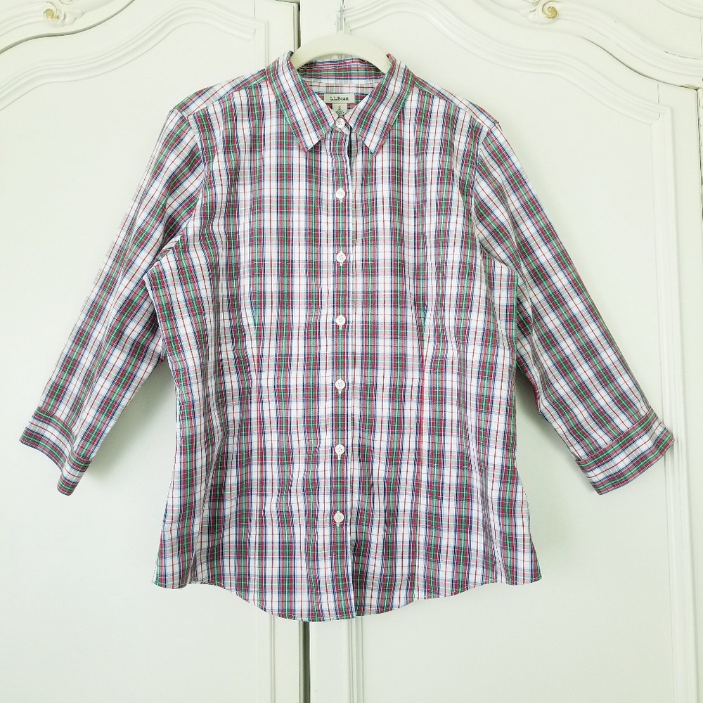 L.L. Bean Green Red White Plaid 3/4 Sleeve Button Front Top Womens Small